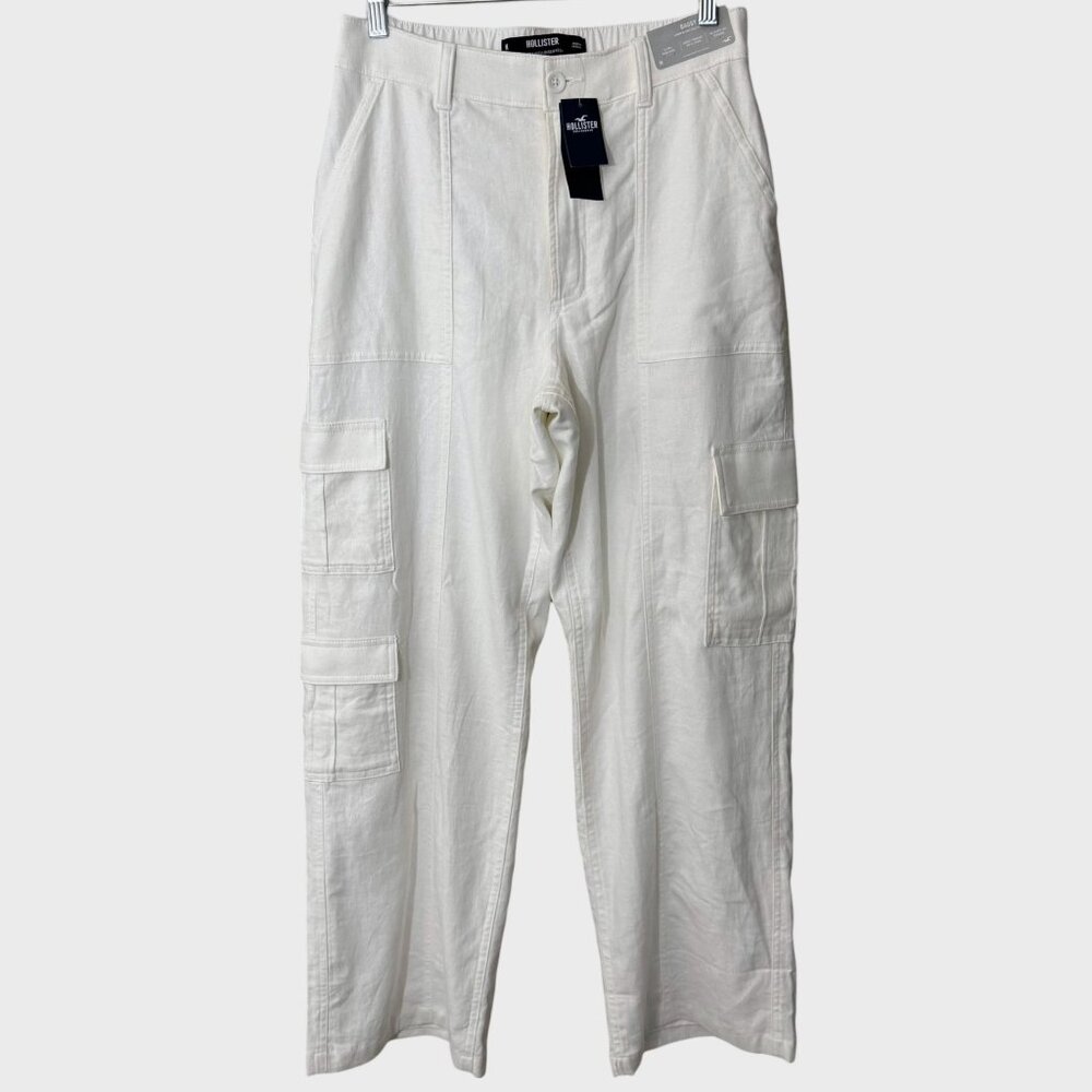Hollister Cargo Pants White Women's Medium Ultra High-Rise Baggy Linen Blend NEW